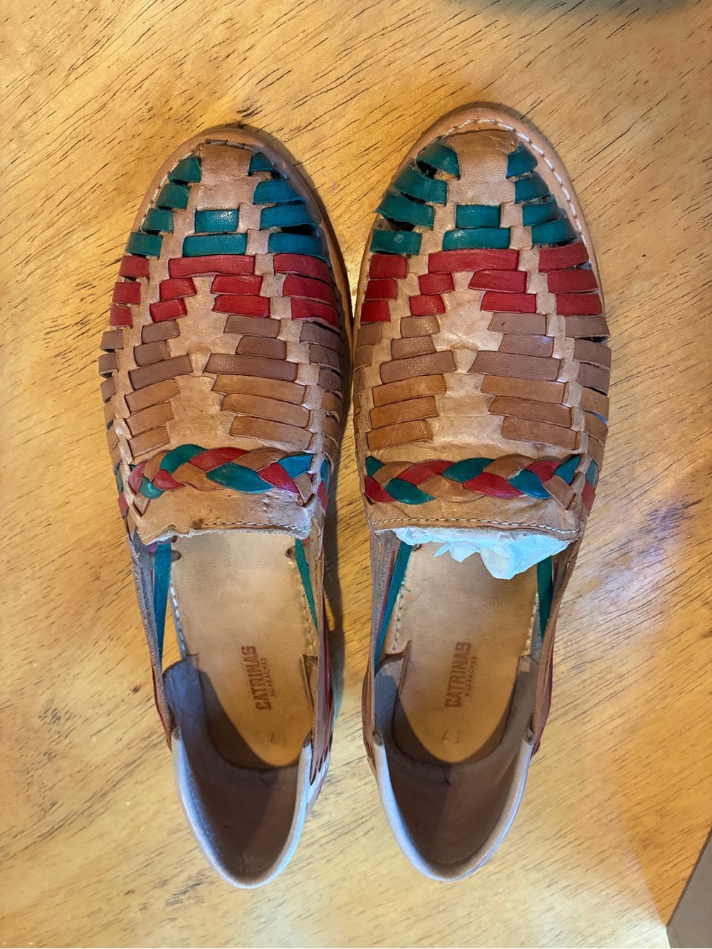Woven Leather Slip-On Moccasins in Tan with Red & Teal Accents
